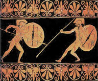 Image of a pottery depiction of a fight scene in Homer's epic, The Iliad.