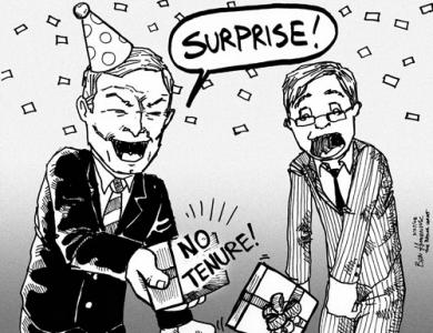 Comic of a big-shot wearing a party hat revealing that his gift to the unsuspecting employee before him is "no tenure."
