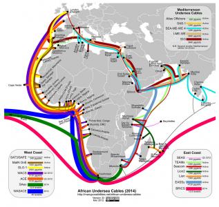Image of a map of the undersea cables wrapping the coasts of Africa.