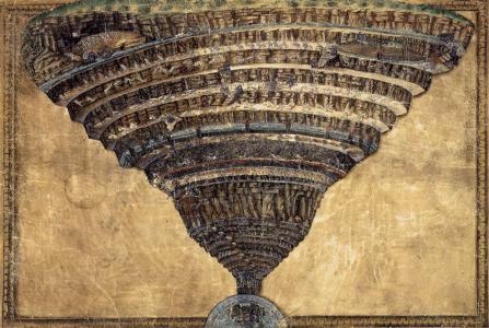 Image of The Abyss of Hell, a drawing by Botticelli which was described by Dante as a tunnel to the center of the Earth.