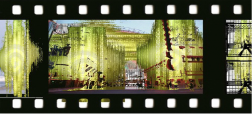 An abstract image superimposed on a strip of film.