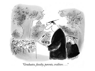 A comic of a Chancellor at a graduation ceremony thanking graduates, faculty, students and creditors.