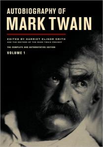 Image of the book cover art for The Autobiography of Mark Twain, featuring an angry-looking photo of the man himself.