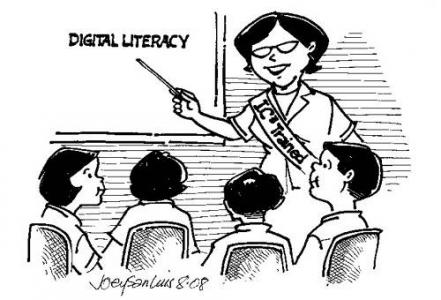 Comic of a woman whose attire reads "I C trained" pointing to a slideshow titled "Digital Literacy" before students.