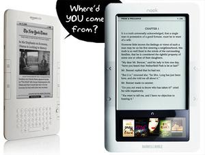 An old e-reader looks to a newer e-reader and asks, in a speech bubble, "Where'd you come from?"
