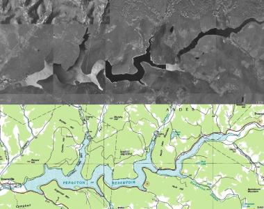 An image showing both a 3 D digital representation and a basic map of a river system in N Y C.