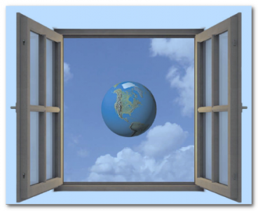 Image of a window opening to a globe suspended in the blue sky.