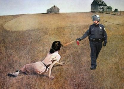 Impressionist painting of a police officer thoughtlessly pepper-spraying a hapless woman in the American countryside.