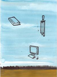 Superimposed on a scene of a grassy field and a blue sky, information technology from different eras float in midair.