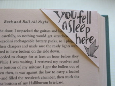 Image of a page folded over in a book. The fold has "You fell asleep here" penned on it with an arrow to the location.