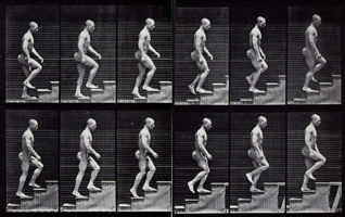 Frame-by-frame photo set of a man walking up stairs.