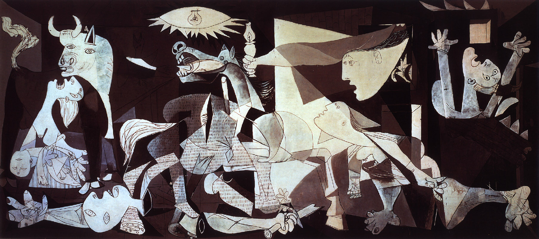 Image of Picasso's Guernica, featuring many impressions of animals and people in conflict.