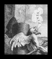 Engraving of the devil leaning back and saying "Finis," or "The End."
