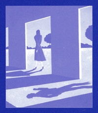 Painting of a walking woman unknowingly being followed by the shadow of a man.