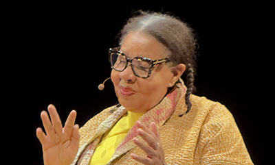 Jamaica Kincaid onstage in a conversation at Zellerbach Playhouse, March 2025