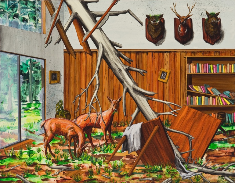 Painting of a livingroom being bombarded by nature: deer have come in, grass is growing and a tree fell through the ceiling.