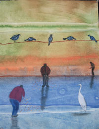 Image of a painting of birds and people on a beach painted Lydia Nakashima Degarrod.