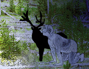 Image of a painting by Ali Dadgar depicting a man on his fours beside the outline of an elk.
