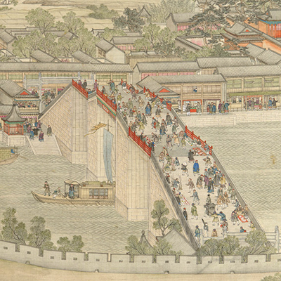 Crowded Bridge over River from Chinese Scroll