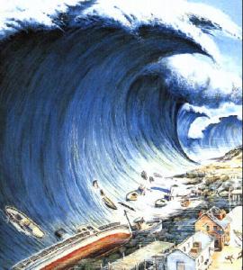 Illustration of tsunami waves crashing against a coastal town.
