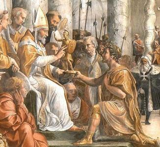 Old illustration of a man kneeling and handing a donation of gold to a pope.