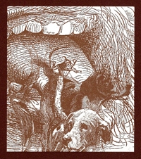 Drawing by Natalie Davis of dogs fleeing from a giant human mouth.
