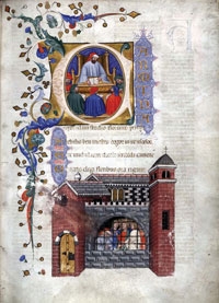 Image of an illuminated page from an old book, quite colorful, almost looking three-dimensional.