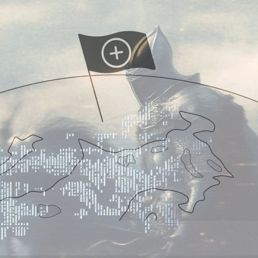 Ominous Shadowy Knight over Global Map with Digital Symbols Overlay