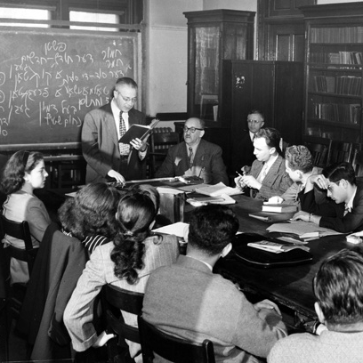 Yiddish Teaching Seminar around a Table with Male and Female Students B&W Photo
