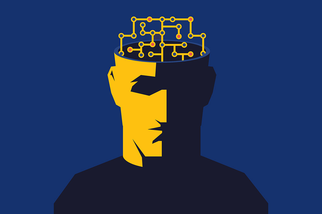 Post-Human Illustration (Man's Head with Computer Circuitry in Open Brain)